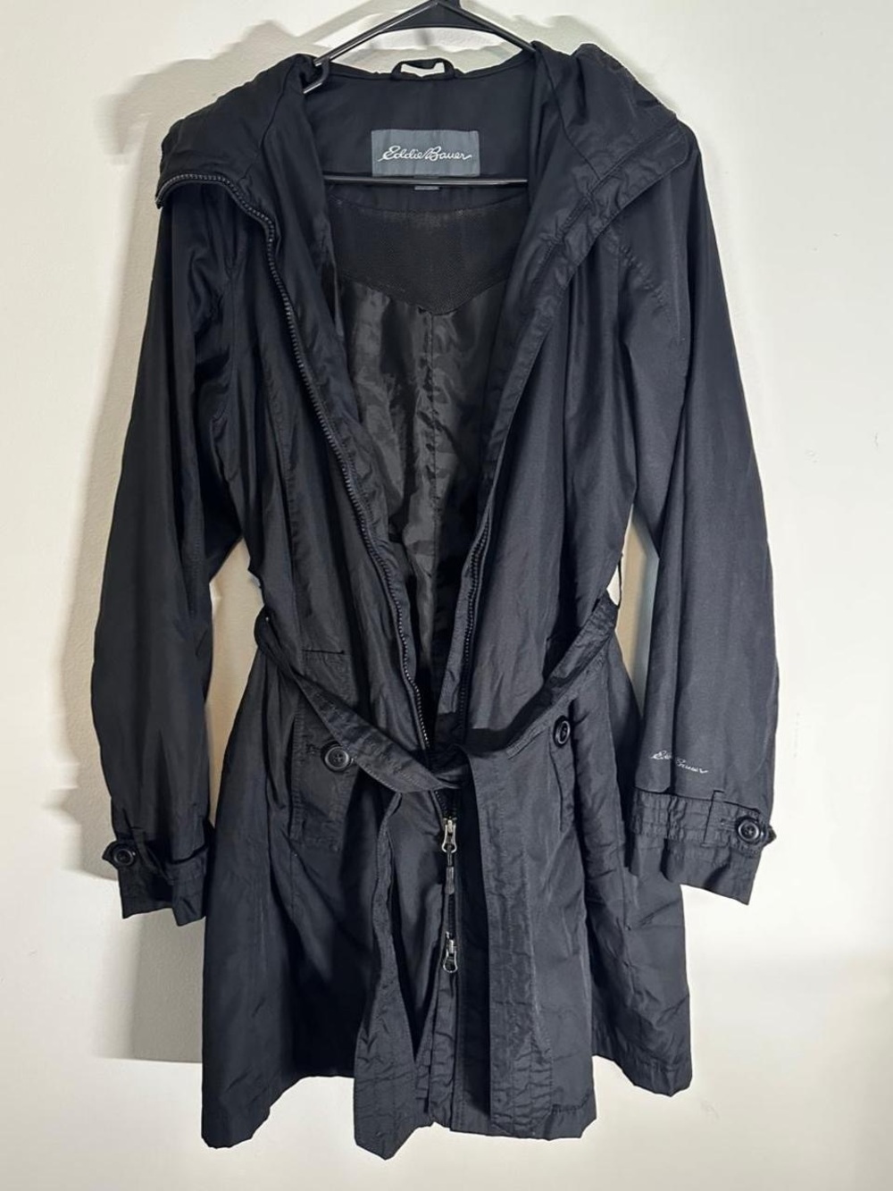 Eddie Bauer Black Hooded Trench Raincoat Jacket w/ Waist Tie